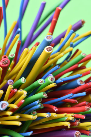Group of colorful electric cables close upの写真素材