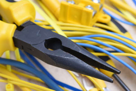 Close up pliers and electrical cablesの写真素材