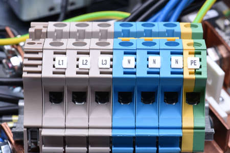 Power supply electrical terminals with cables close upの写真素材