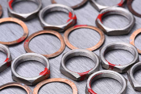 Nuts and Washers on Metal Background, Top Viewの写真素材