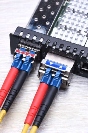 Internet Of Things Optical Fiber with GBIC Closeup, Information Technology