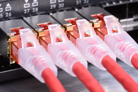 Technology devices, network switches with patch cord cables closeup