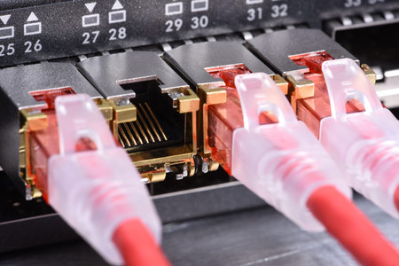 Technology devices, network switches with patch cord cables closeup