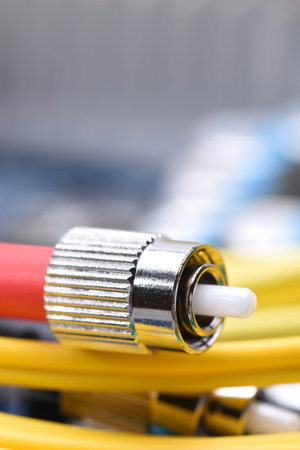 Fiber Optic Cable Single Mode FC Closeup with selective focus