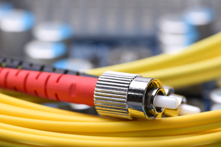 Fiber Optic Cable Single Mode FC Closeup with selective focusの写真素材