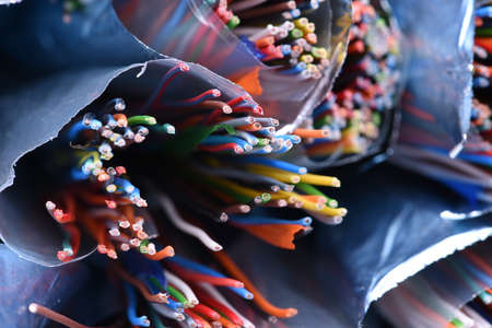 Colored copper telecommunication cables closeupの写真素材