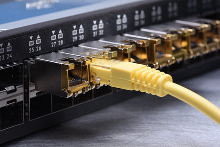 Network Switch with GBIC and Ethernet Cable Close-up