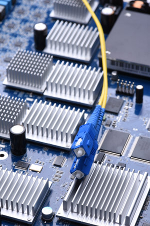 Information Technology Computer Network Cable Fiber Patch Cord on Electronic Board