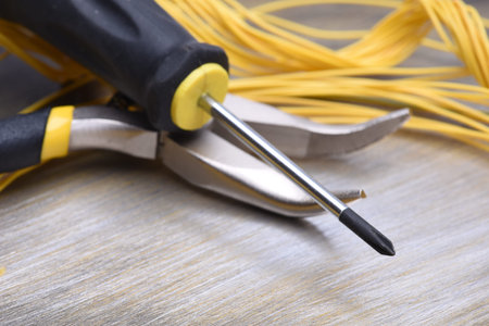 Electrical Tools on Metallic Background Close-upの写真素材