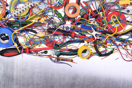 Technology chaos electric tool component and cable above viewの写真素材