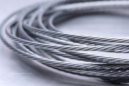 Steel wire rope closeup on gray metal surface