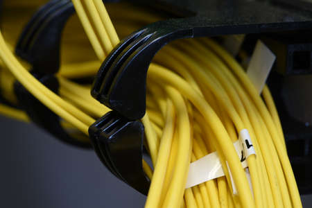 Server rack with optical patch cables close upの写真素材
