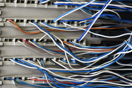 Telecommunication main distribution frame with cables, closeup