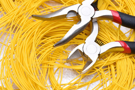 Tools and cables used in electrical home installation, closeupの写真素材