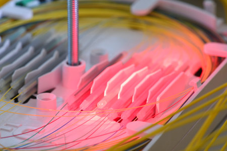 Splicing the fibers on the spice tray with red laser light, closeup