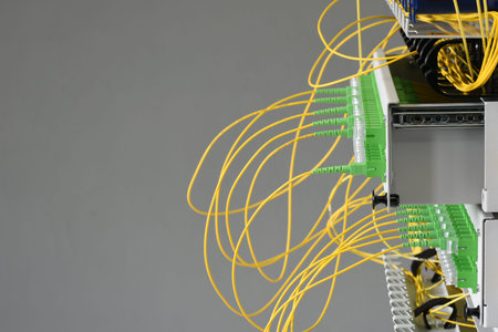 Fiber optical distribution panel switch with cables in server roomの写真素材