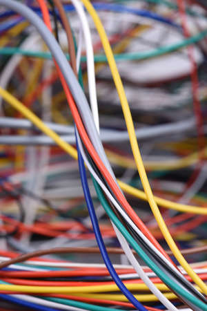 Closeup of electric cable and computer network systems with selective focusの写真素材
