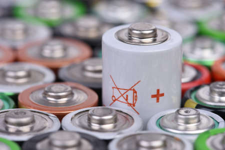 Environment protection, alkaline batteries with recycling symbolの写真素材