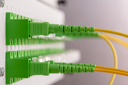 Data center technology with fiber optic distribution panel close-up