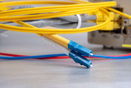 Fiber optic cable patch high speed gigabit equipment in telecommunication systemsの写真素材