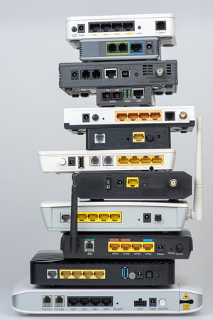 Electronic recycling concept, old network device internet wifi router and modem