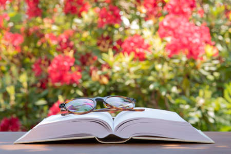 Eyeglasses on open book on wooden table in summer gardenの写真素材