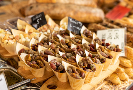 Sausage for sale at local street market, Aix-en-Provence, France