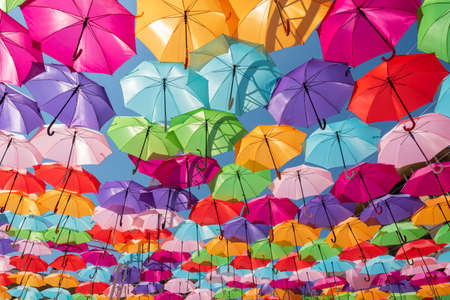 Street decoration colorful umbrellas backgroundの写真素材