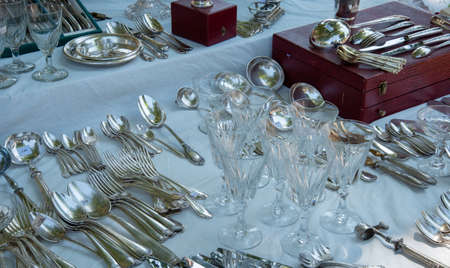 Flea market with silver utensil in Provence, Franceの写真素材