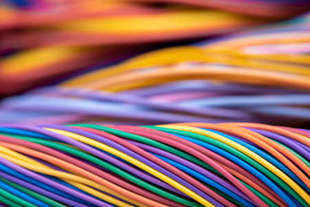 Multicolored electrical computer cable installationの写真素材