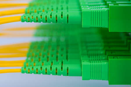 Fiber optic patch cord connected to distribution panel macroの写真素材