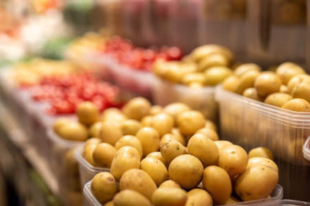 Small potatoes in baskets on street market, closeup selective focusの写真素材