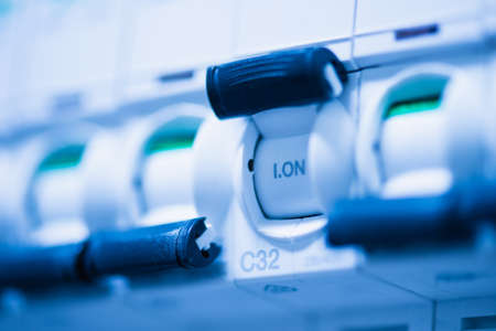 Electrical power supply circuit breaker fuse box close-upの写真素材