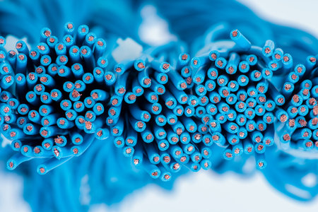 Close-up bundle of blue electrical cables electrical installation component