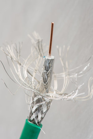 Close-up of stripped coaxial cable