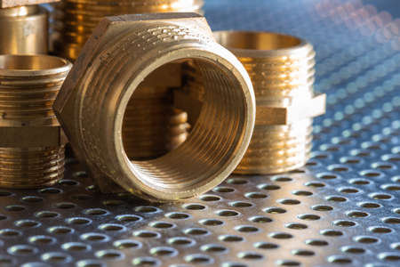 Set of Brass Plumbing Fittings Close-upの写真素材