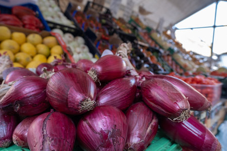 Onion cipolla di Tropea on street food market in Italy