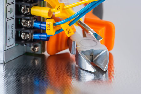 Electrical hand tool with installation cable wire close-up, service and repairing concept