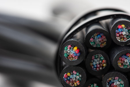 Close-up of telecommunication electrical cable cordの写真素材