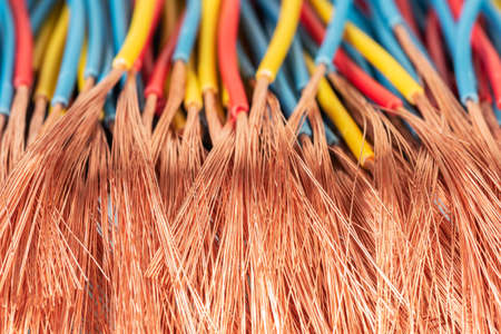 Bundle of stripped electrical copper cable close-upの写真素材
