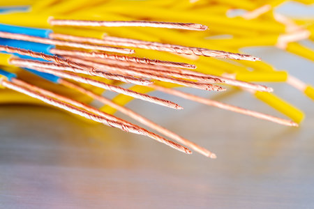 Bundle of electrical copper installation cables close-up
