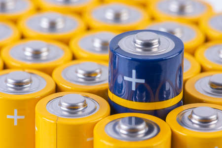 Group of Alkaline Batteries size AA with selected oneの写真素材