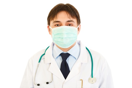 Medical doctor in mask and with stethoscope  isolated on white
の写真素材