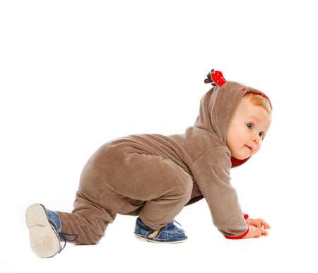 Curious baby in costume of Santa Claus's reindeer crawling
の写真素材