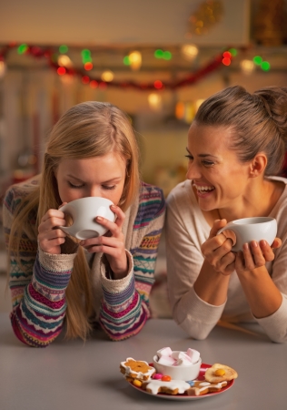 Smiling two girlfriends having christmas snacks in christmas decorated kitchenの写真素材