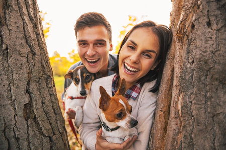 Portrait of happy young couple with dogs outdoors in autumn park looking out from from treeの写真素材
