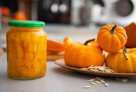 Closeup on jar of pickled pumpkin on tableの写真素材