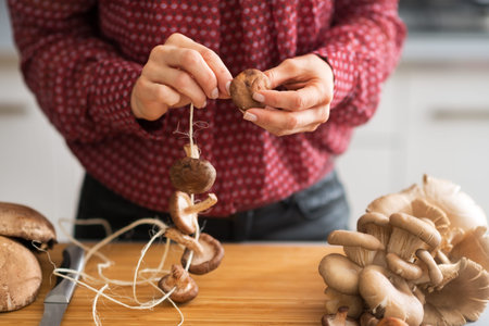 Closeup on young housewife stringing mushrooms on stringの写真素材