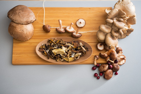 Closeup on mushrooms on cutting boardの写真素材