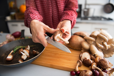 Closeup on young housewife cooking mushroomsの写真素材